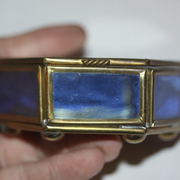 Vintage Glass Etched Flower Blue Clear Brass Trinket Jewelry Box - Picture 3 of 4